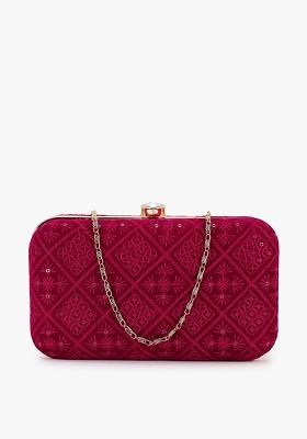 Magenta And Gold Toned Embroidered Box Clutch