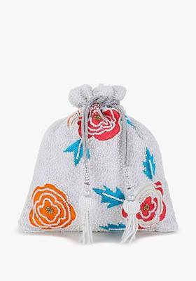 Dangle White And Multi Velvet Floral Embellished Potli