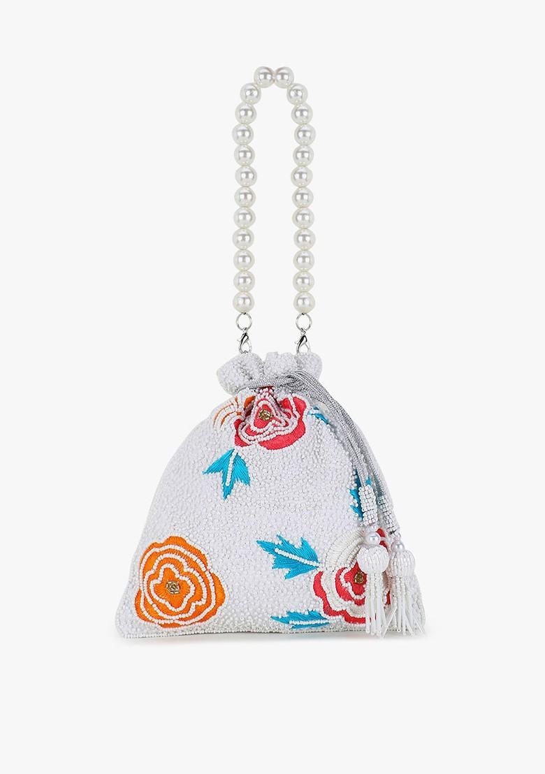 Dangle White And Multi Velvet Floral Embellished Potli
