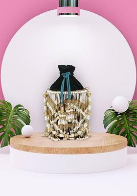Green And Gold Toned Embellished Tasselled Potli Clutch