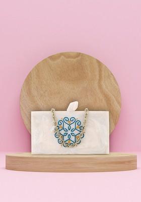 Off White And Blue Printed Box Clutch