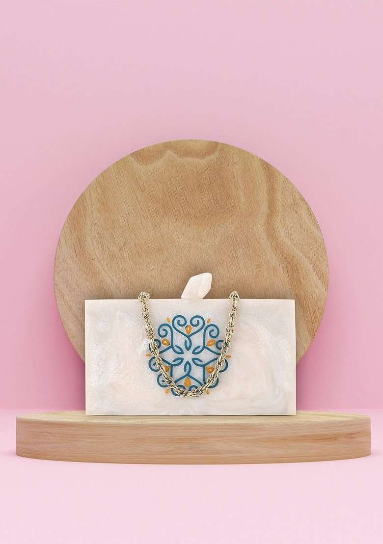 Off White And Blue Printed Box Clutch - Indya