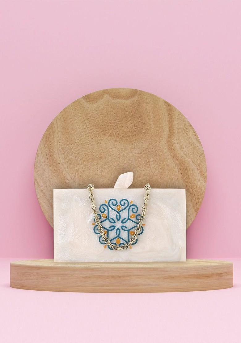 Off White And Blue Printed Box Clutch