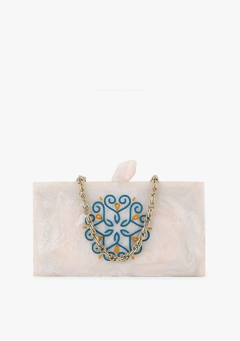 Off White And Blue Printed Box Clutch - Indya