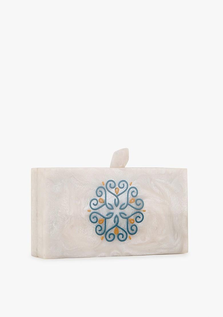 Off White And Blue Printed Box Clutch