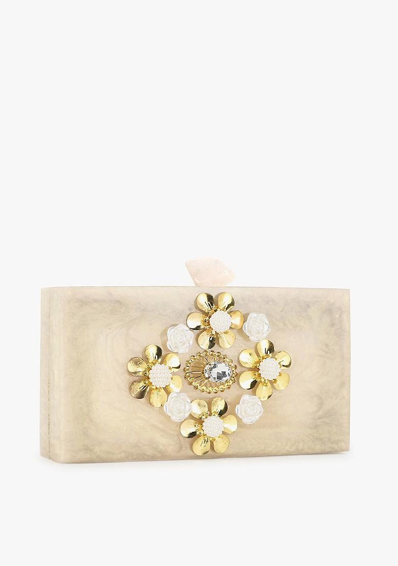 Champagne And Gold Toned Embellished Box Clutch