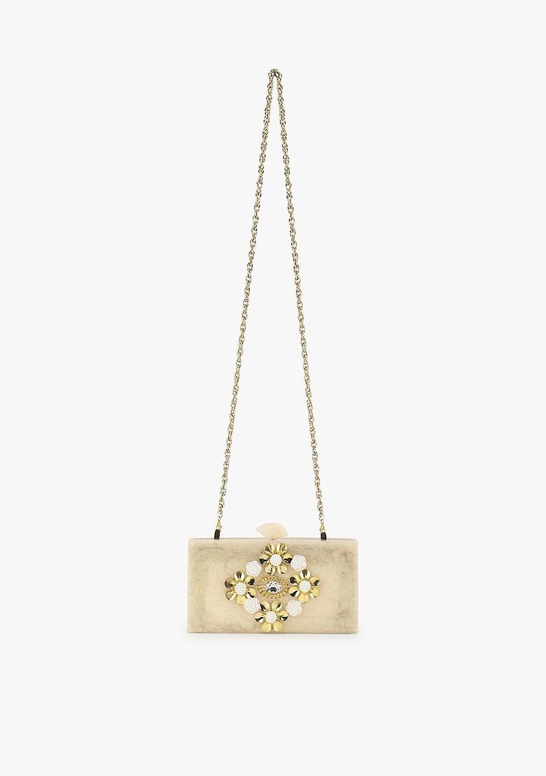 Champagne And Gold Toned Embellished Box Clutch