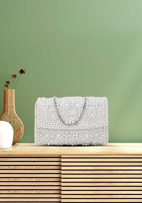 White And Silver Toned Embellished Foldover Clutch