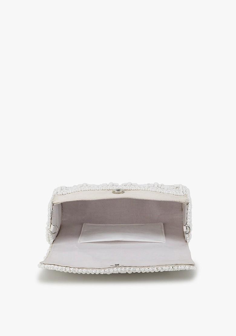 White And Silver Toned Embellished Foldover Clutch