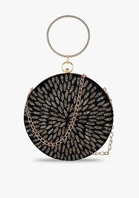 Black And Gold Toned Embroidered Buckle Detail Box Clutch