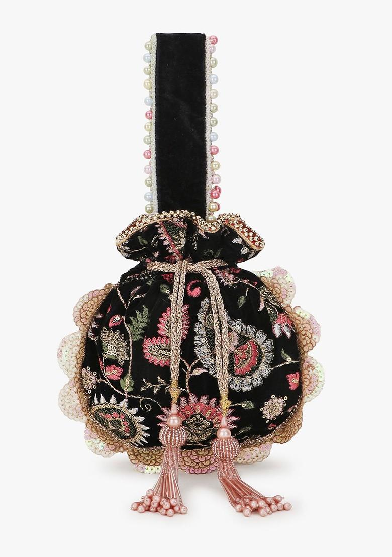 Women Black And Pink Embroidered Potli Clutch