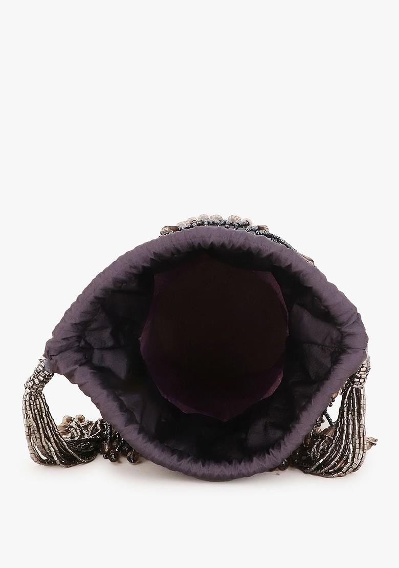 Women Grey And Charcoal Grey Embellished Tasselled Potli Clutch