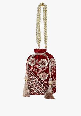 Women Maroon And Gold Toned Floral Embellished Tasselled Potli Clutch