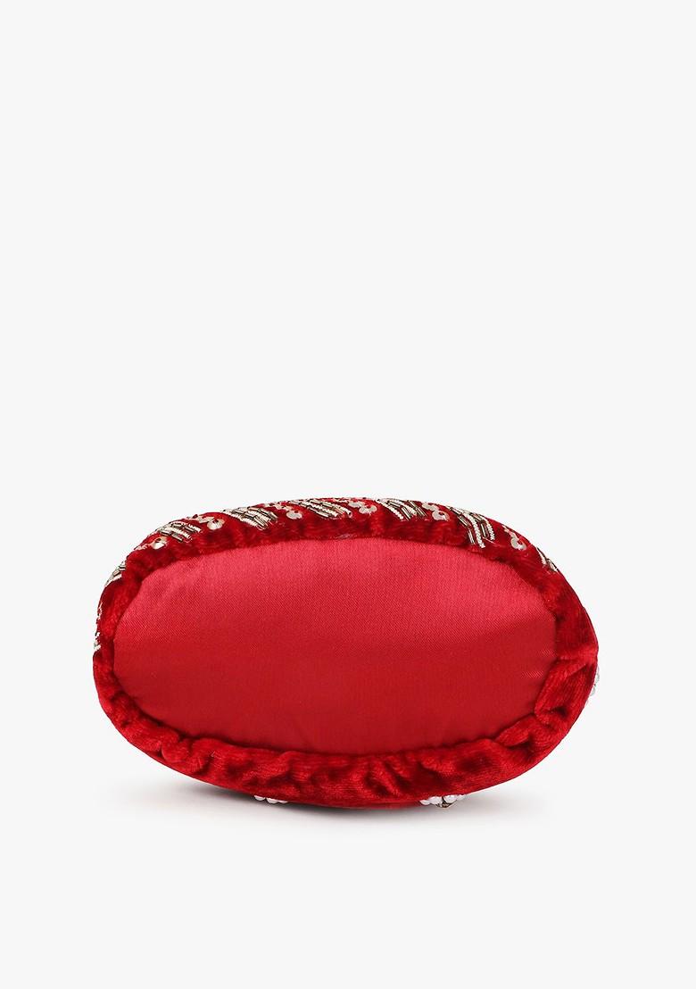 Women Maroon And Gold Toned Floral Embellished Tasselled Potli Clutch