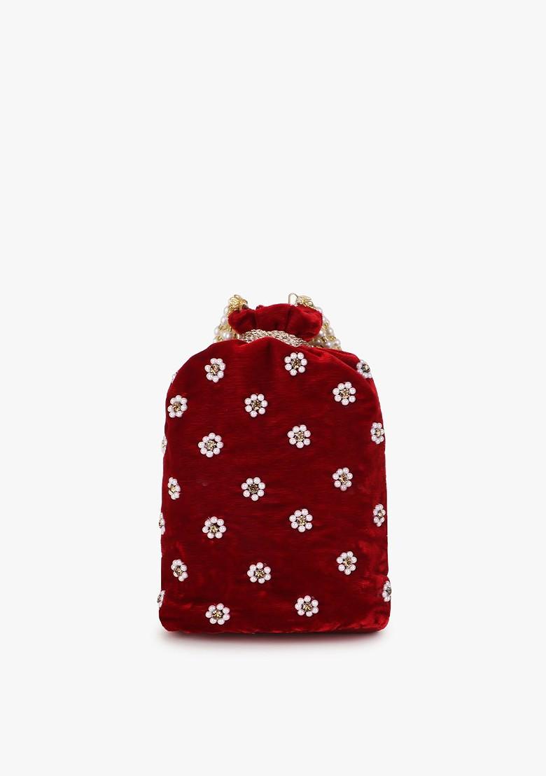 Women Maroon And Gold Toned Floral Embellished Tasselled Potli Clutch