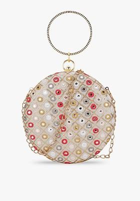 Women Cream Coloured And Red Embroidered Box Clutch