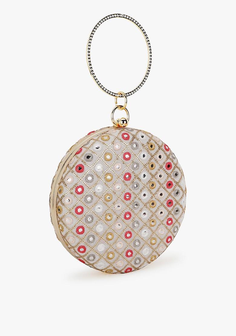 Women Cream Coloured And Red Embroidered Box Clutch