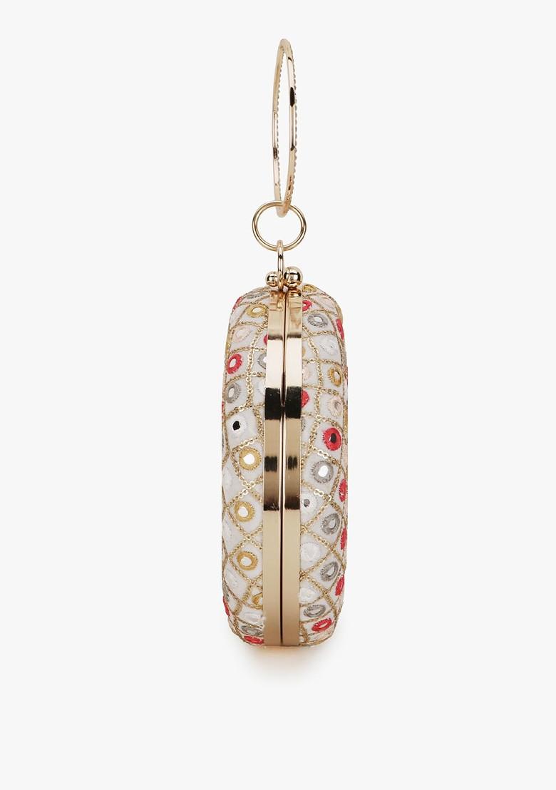 Women Cream Coloured And Red Embroidered Box Clutch