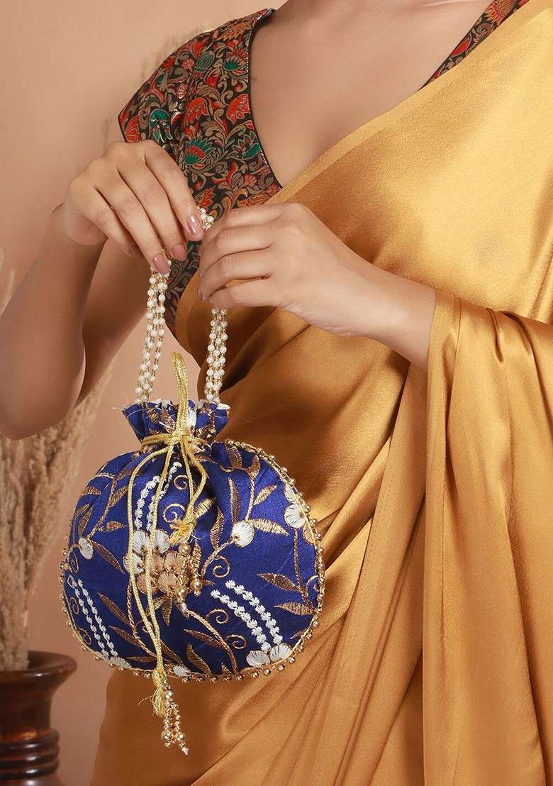 Blue Embroidered Potli Clutch - Indya