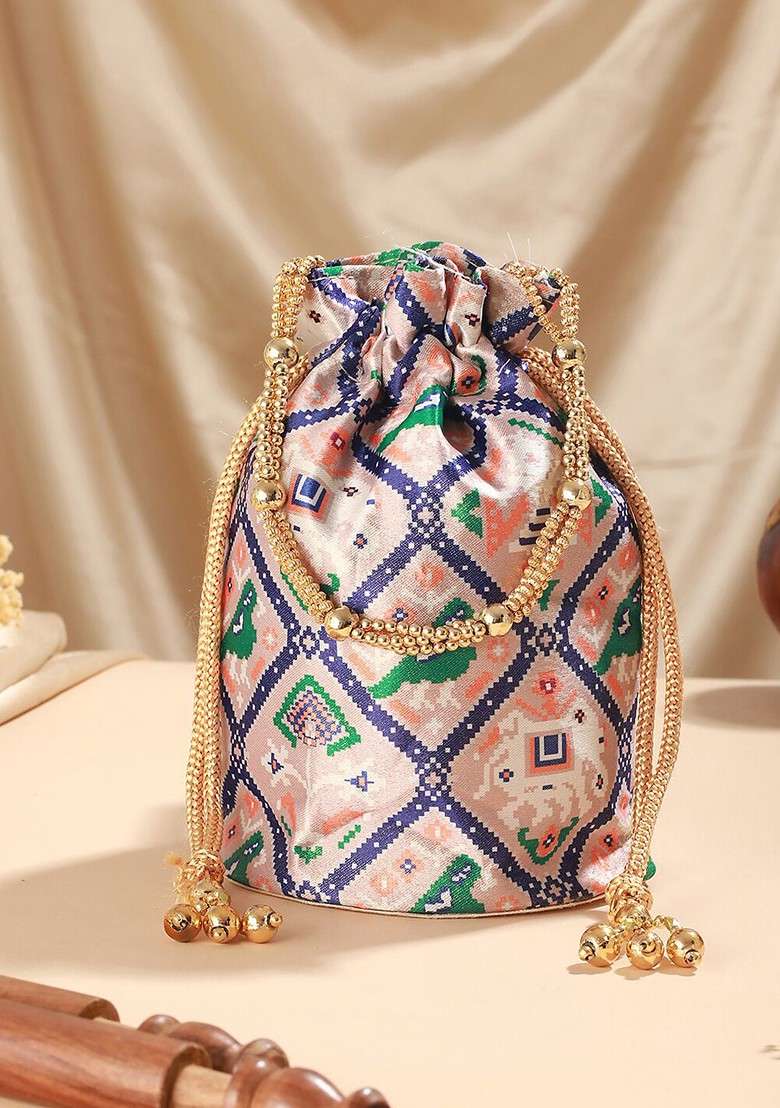 Pink Printed Embellished Potli - Indya