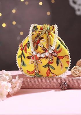 Yellow Embroidered Embellished Potli Clutch