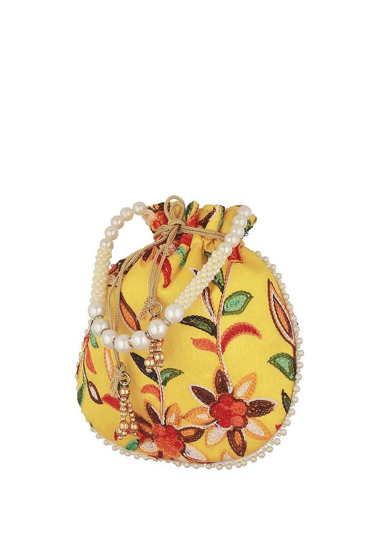 Yellow Embroidered Embellished Potli Clutch