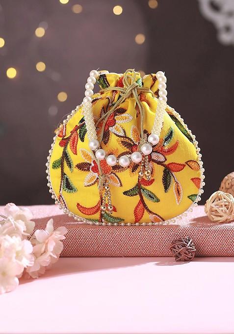 Yellow Embroidered Embellished Potli Clutch