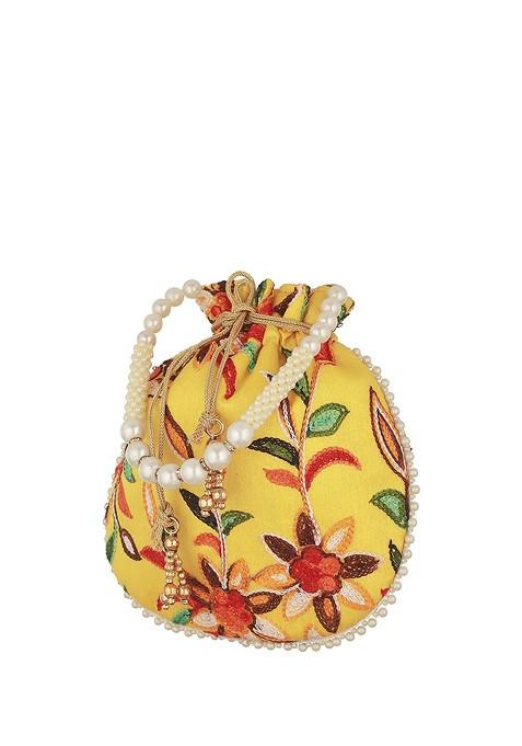 Yellow Embroidered Embellished Potli Clutch