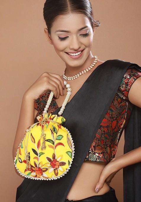 Yellow Embroidered Embellished Potli Clutch