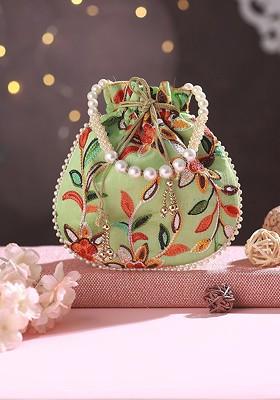 Green Embroidered Embellished Potli Clutch