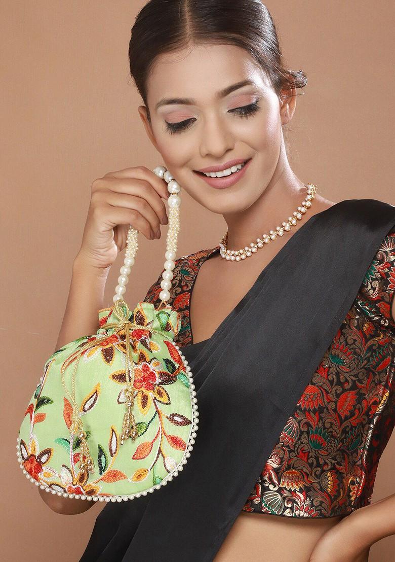 Green Embroidered Embellished Potli Clutch