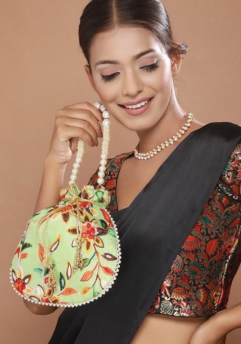 Green Embroidered Embellished Potli Clutch