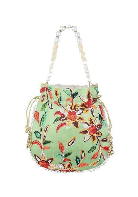 Green Embroidered Embellished Potli Clutch