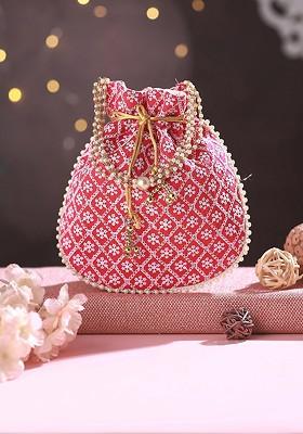 Pink Embroidered Embellished Potli Clutch