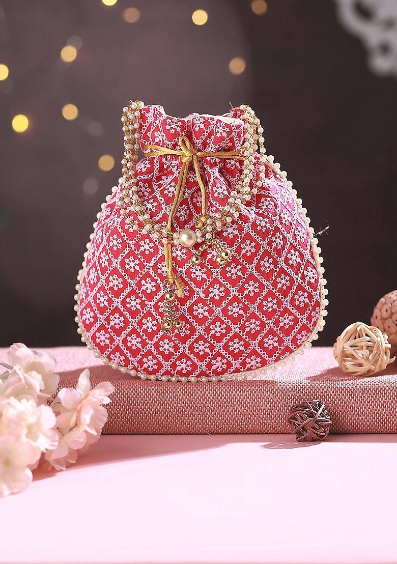 Pink Embroidered Embellished Potli Clutch