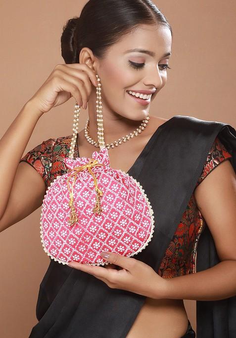 Pink Embroidered Embellished Potli Clutch