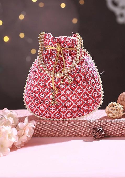 Pink Embroidered Embellished Potli Clutch