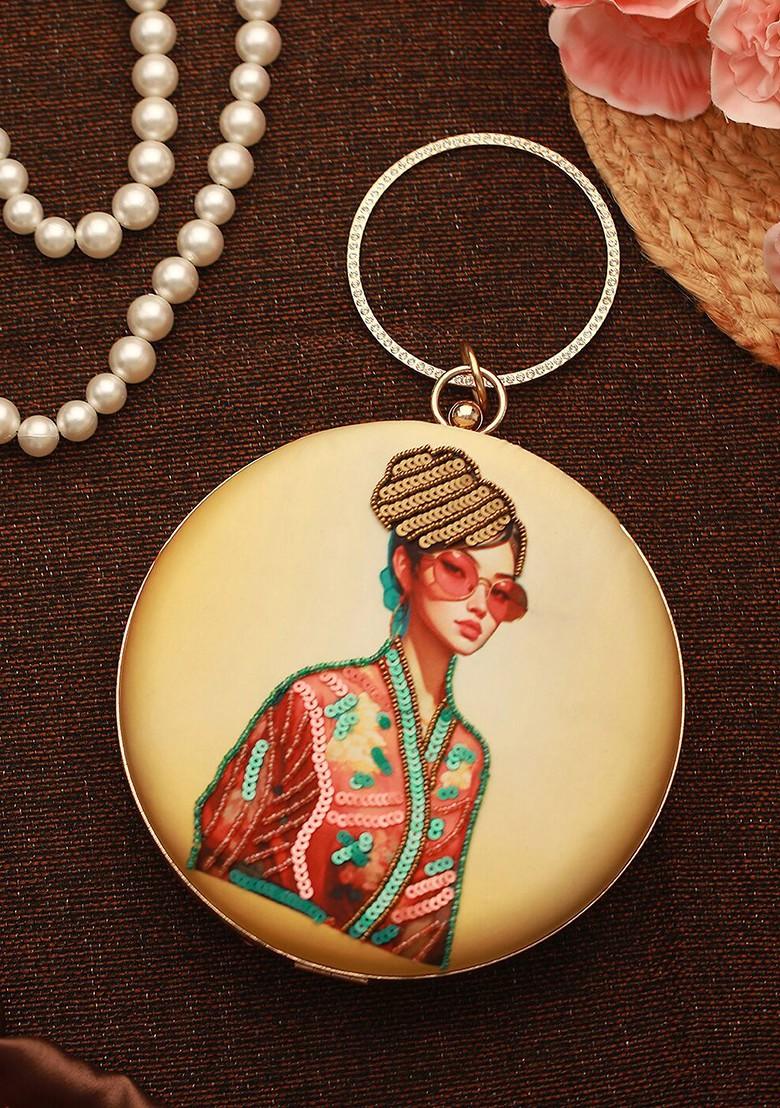 Cream Embroidered Sequined Round Clutch