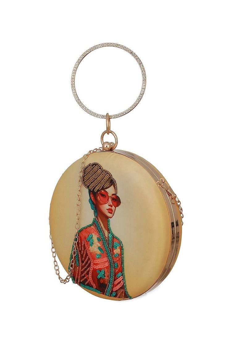 Cream Embroidered Sequined Round Clutch