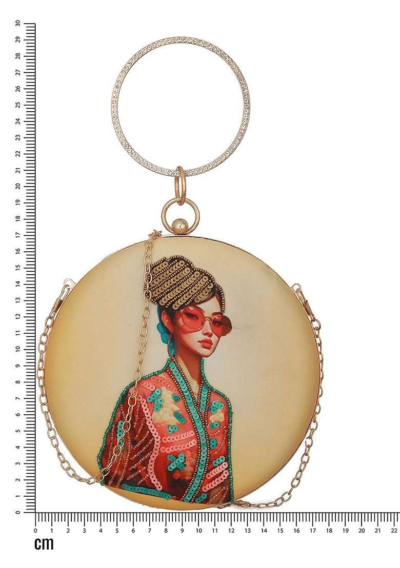 Cream Embroidered Sequined Round Clutch - Indya