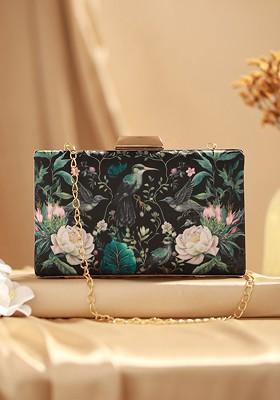 Black Floral Printed Box Clutch