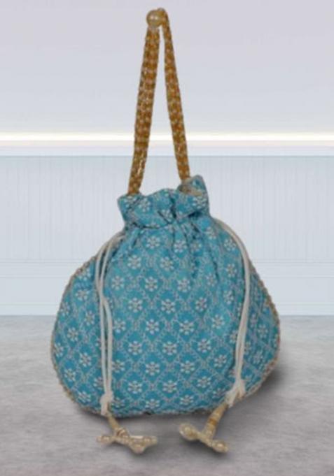 Blue Raw Silk Drawstring Rajasthani Style Potli Bags