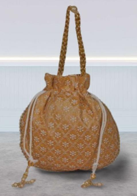 Beige Raw Silk Drawstring Rajasthani Style Potli Bags