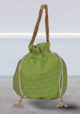 Green Raw Silk Drawstring Rajasthani Style Potli Bags