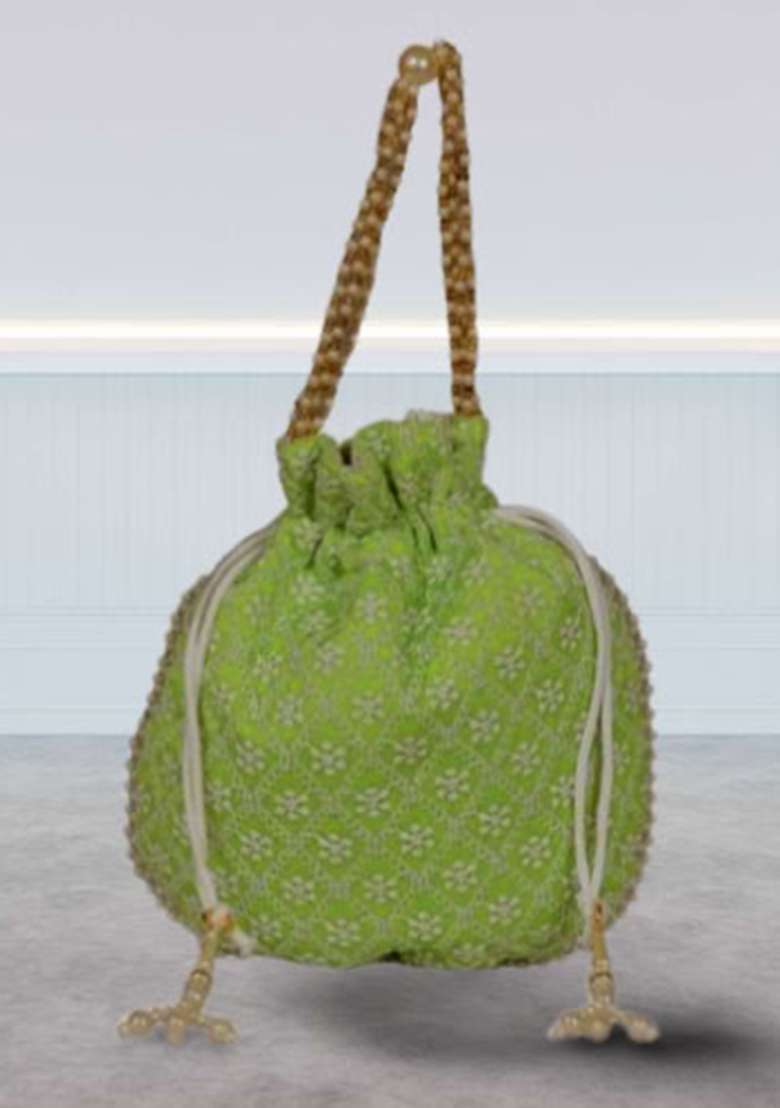 Green Raw Silk Drawstring Rajasthani Style Potli Bags - Indya