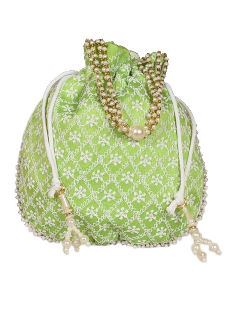 Green Raw Silk Drawstring Rajasthani Style Potli Bags