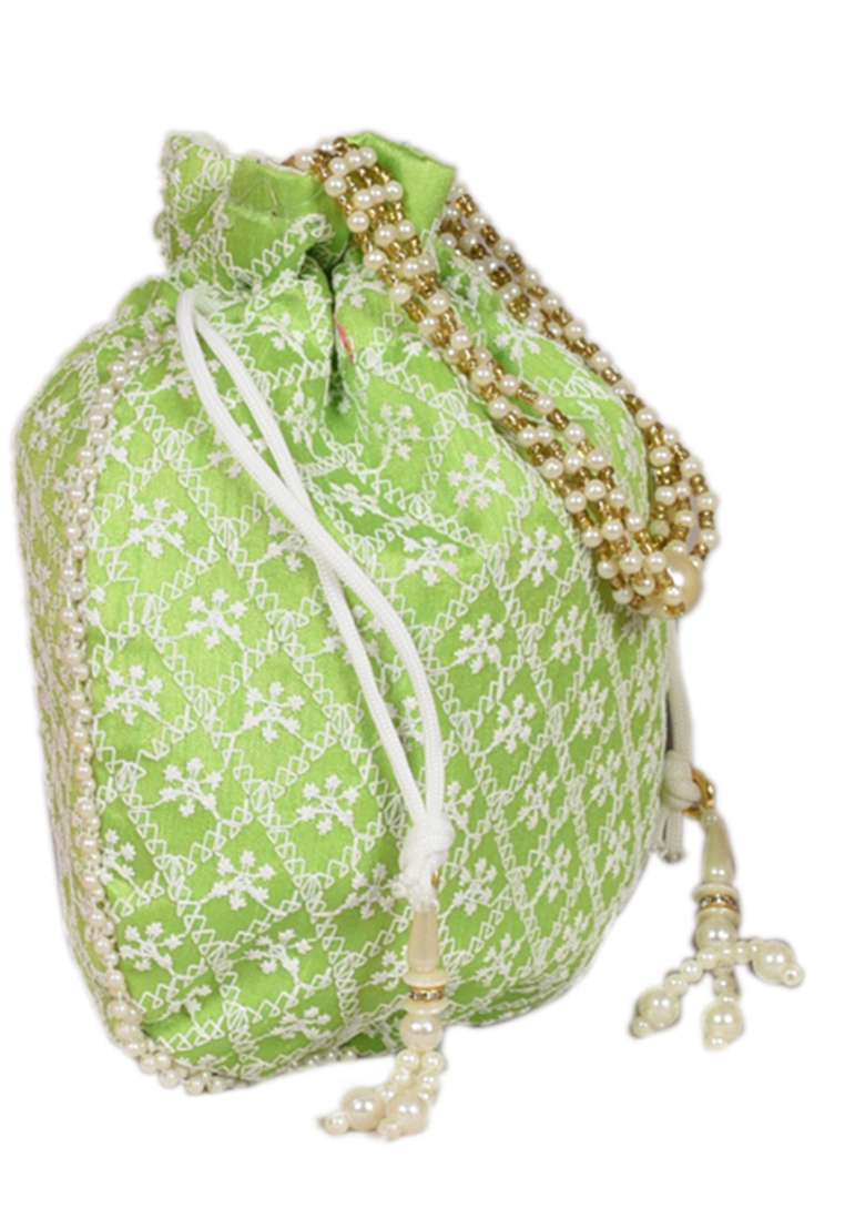 Green Raw Silk Drawstring Rajasthani Style Potli Bags - Indya