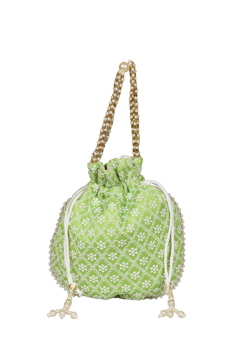 Green Raw Silk Drawstring Rajasthani Style Potli Bags