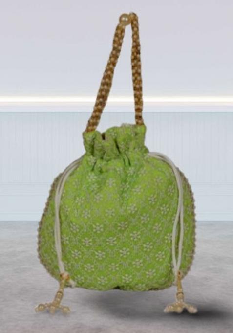 Green Raw Silk Drawstring Rajasthani Style Potli Bags