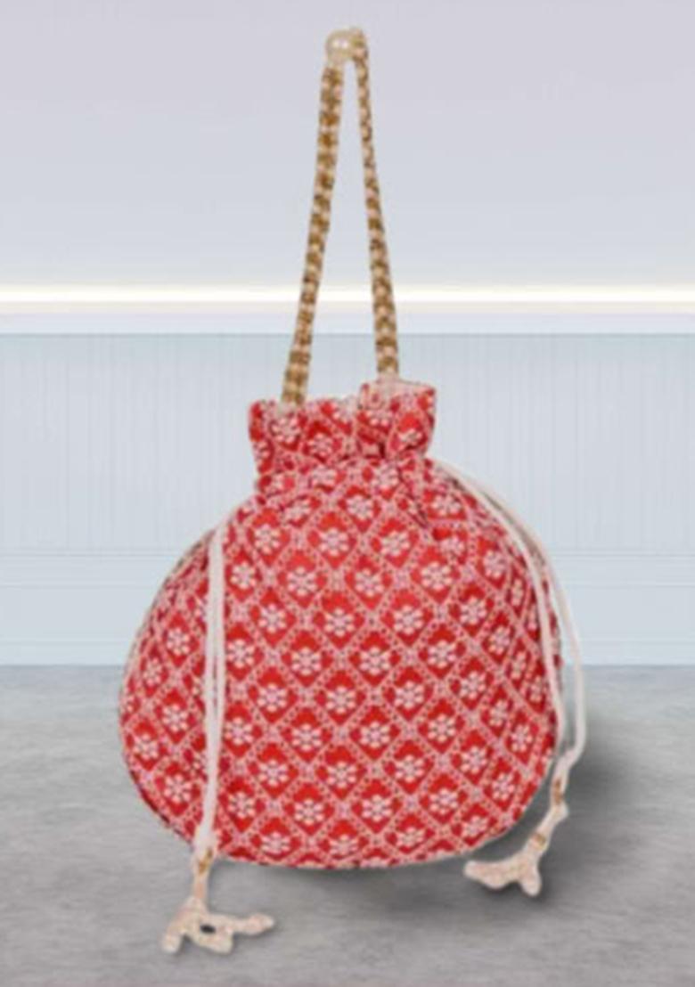Maroon Raw Silk Drawstring Rajasthani Style Potli Bags